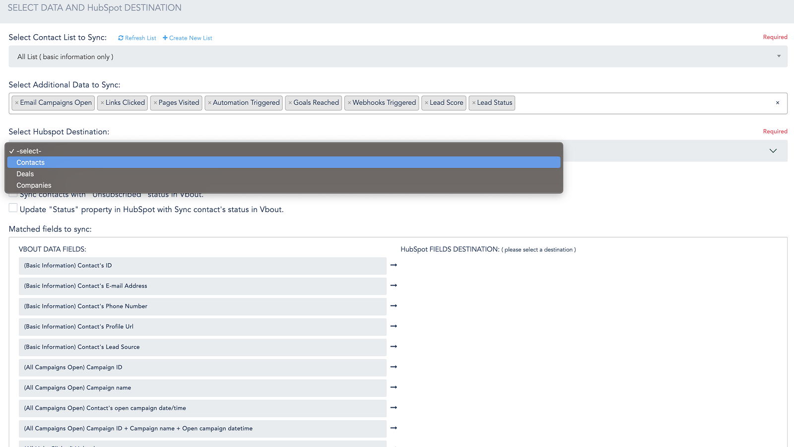 Choose the type of data to sync between HubSpot and VBOUT.